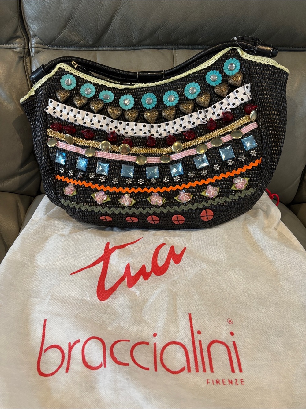 Braccialini Black Embellished Woven Shoulder Bag with Multicolor Accents